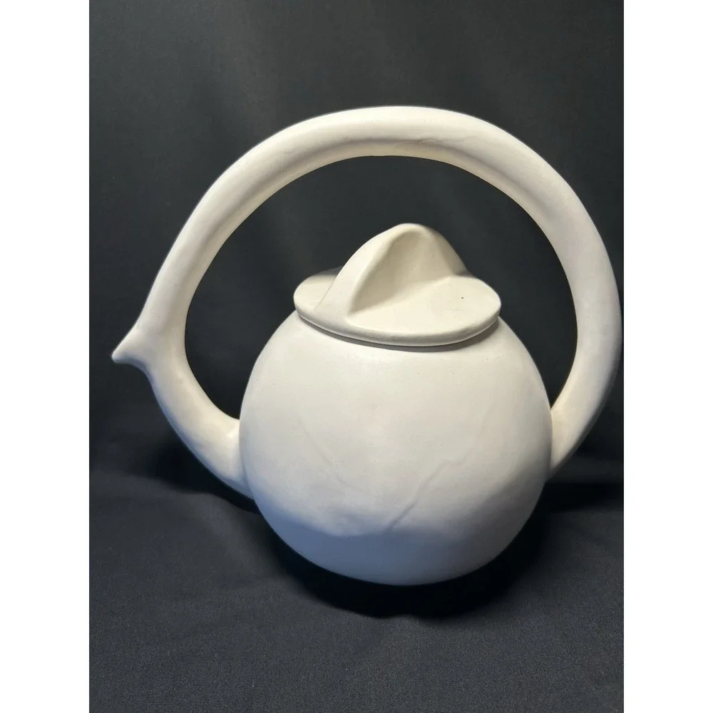 Modern Handcrafted Teapot With Arch Handle Sleek Matte White Finish Signed CG1